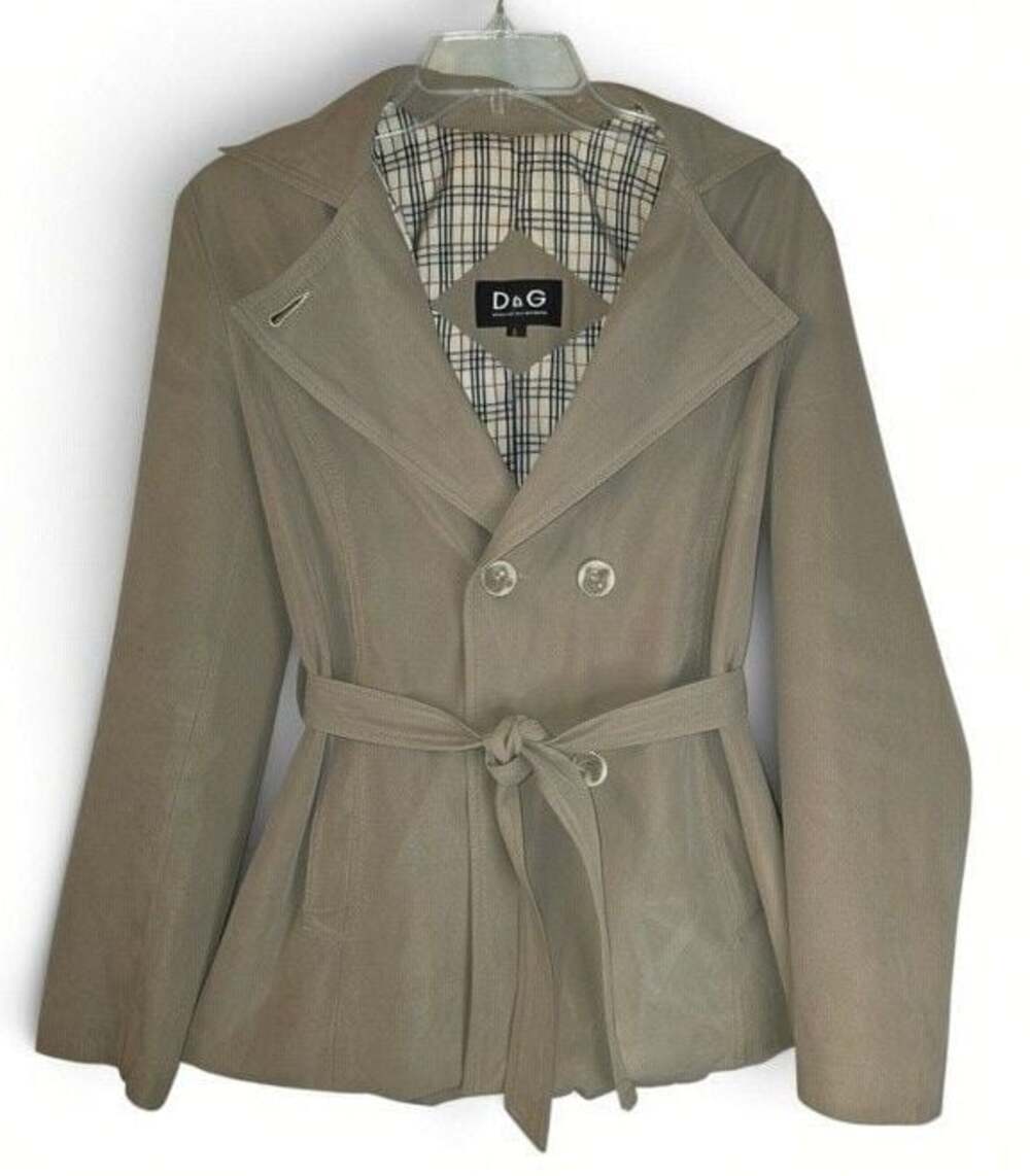 D&G Dolce & Gabbana Beige Plaid Lined Belted Trench Jacket Size L